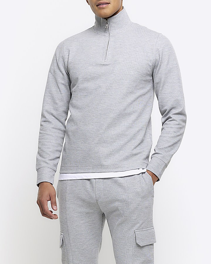 Grey slim fit textured funnel sweatshirt