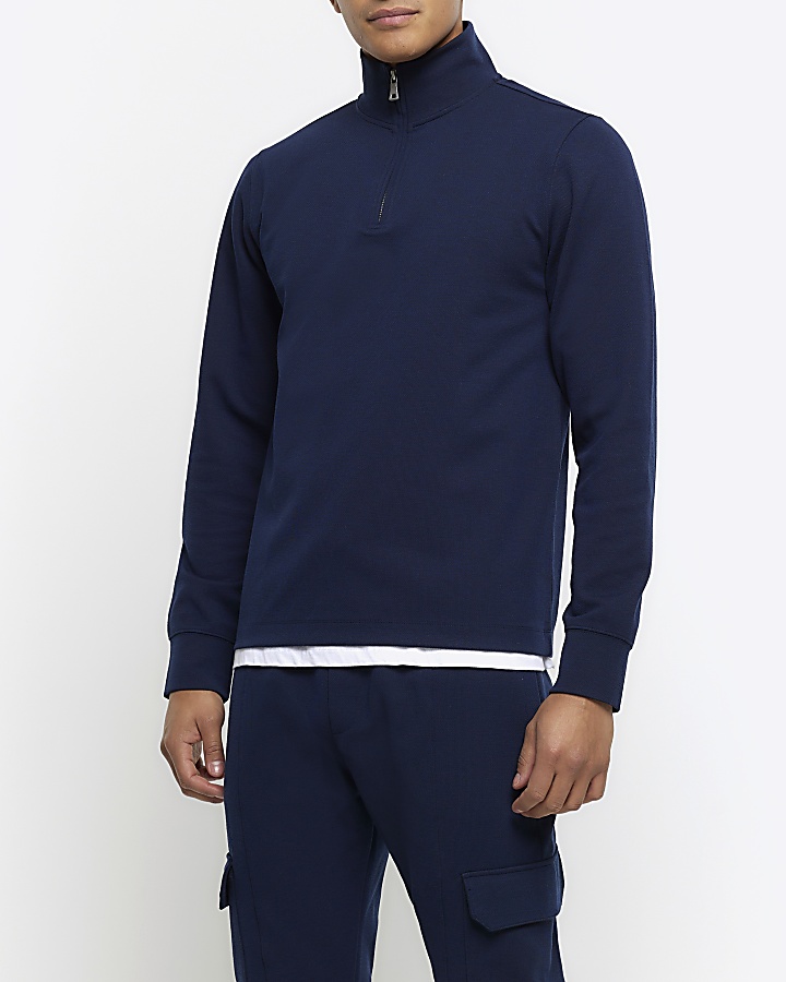 Navy slim fit textured funnel sweatshirt | River Island
