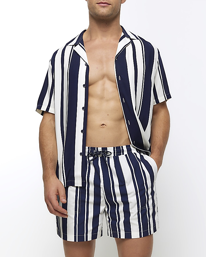 Navy regular fit stripe swim shorts