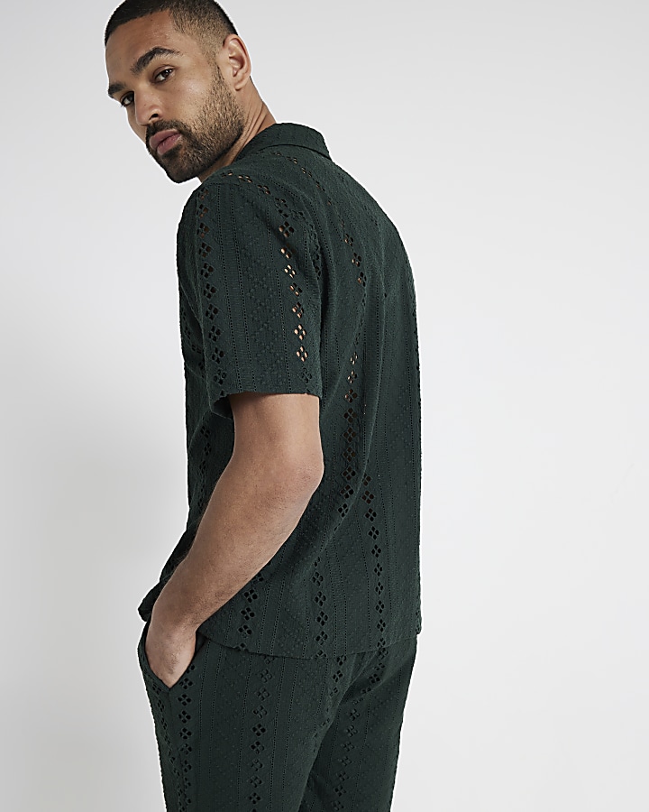 Green regular fit crochet revere shirt