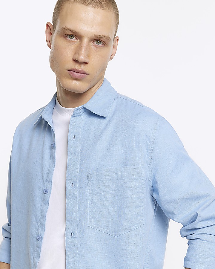 Blue regular fit linen blend shirt