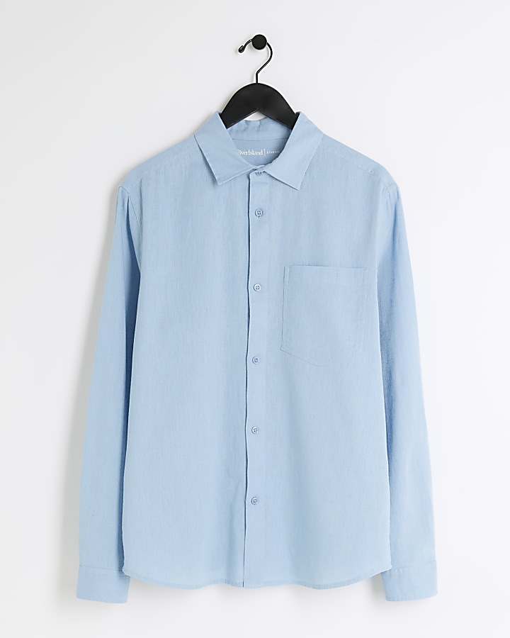Blue regular fit linen blend shirt