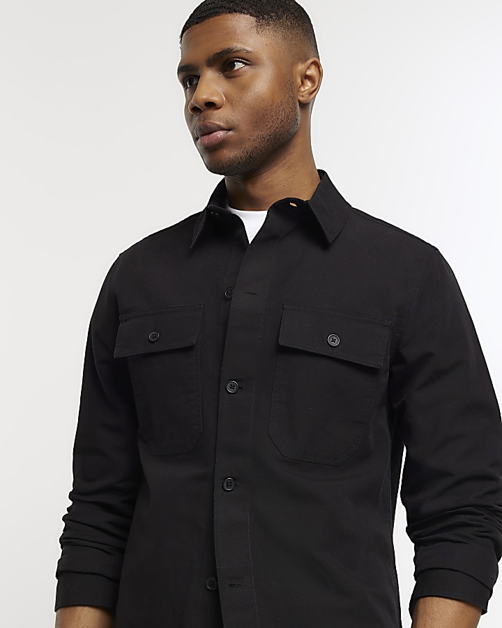 Black regular fit linen blend smart overshirt