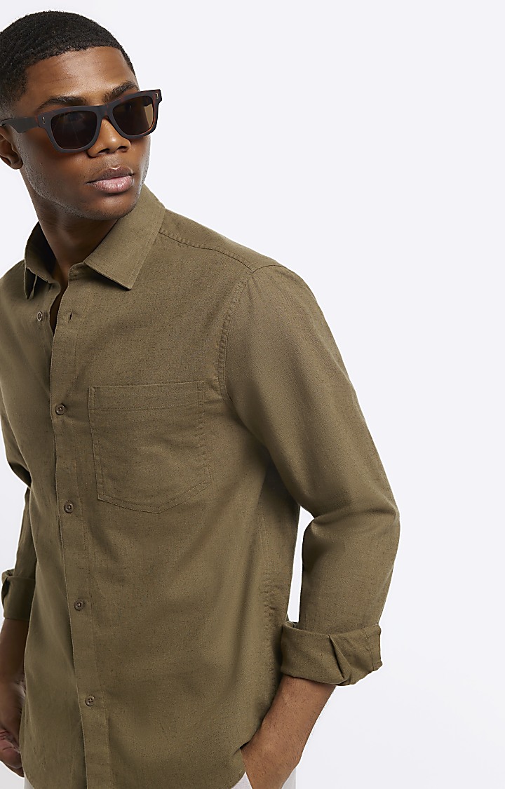 Khaki regular fit linen blend shirt