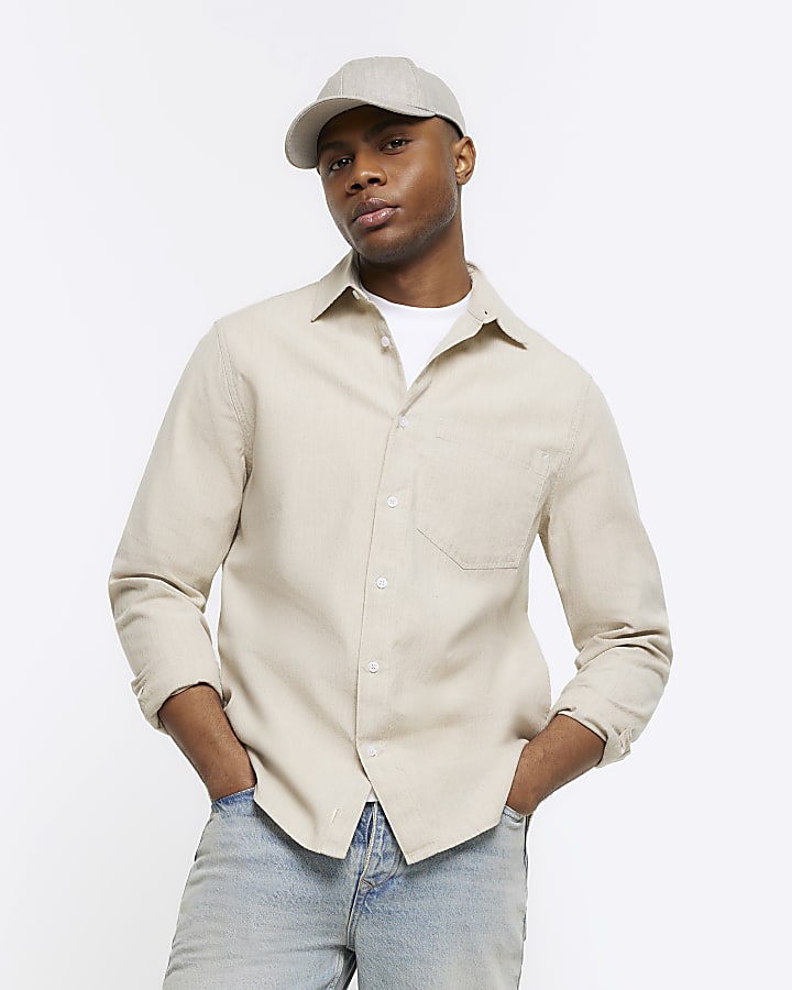 Beige regular fit linen blend shirt