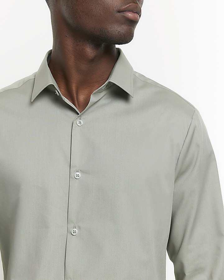 Khaki slim fit long sleeve smart shirt