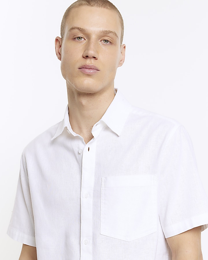 White slim fit linen blend short sleeve shirt