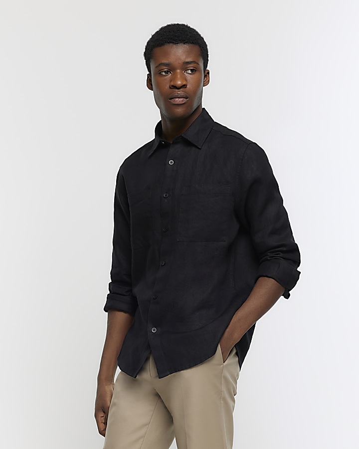 Black regular fit linen shirt