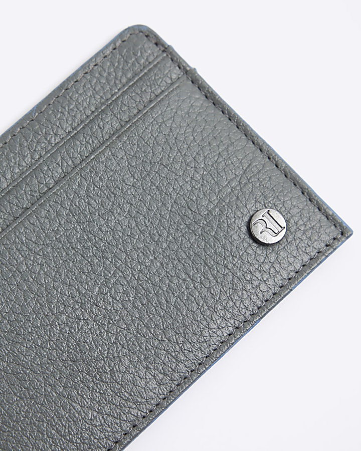 Grey leather pebbled card holder River Island