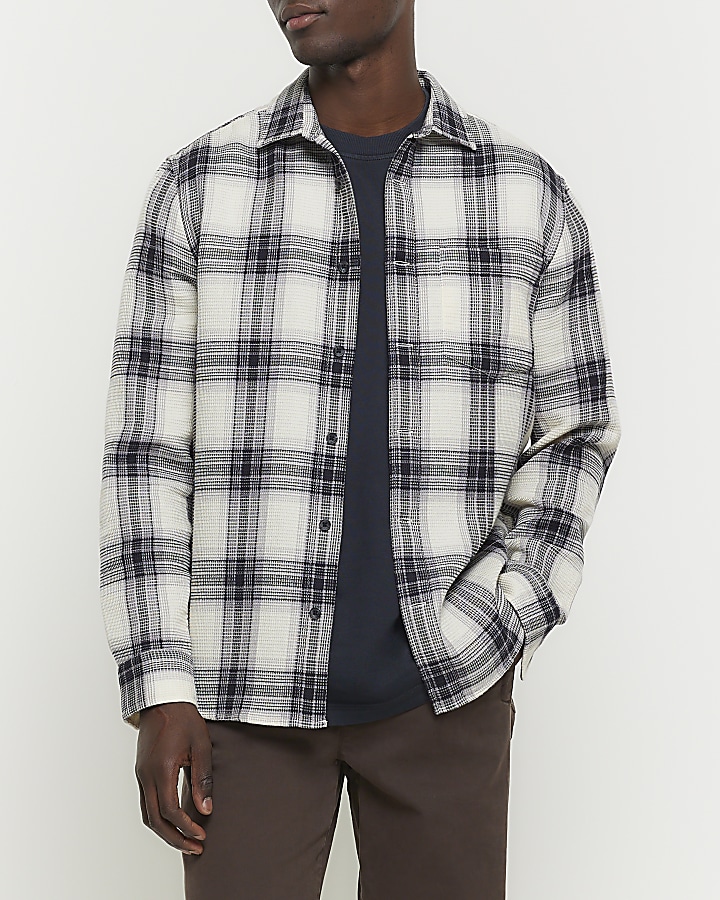 White slim fit waffle textured check shirt