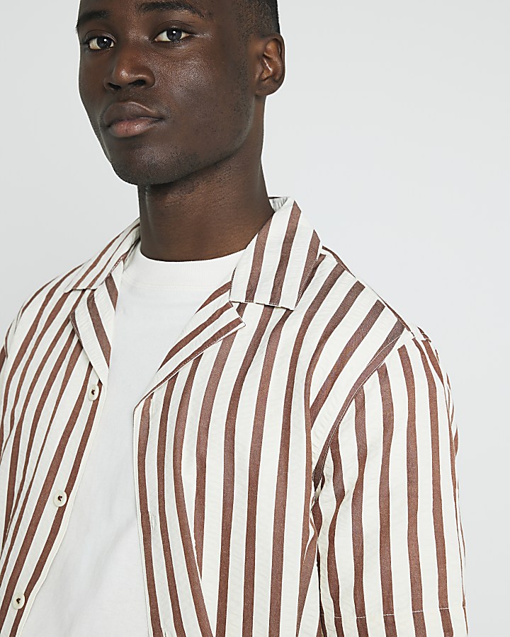Brown regular fit seersucker stripe shirt