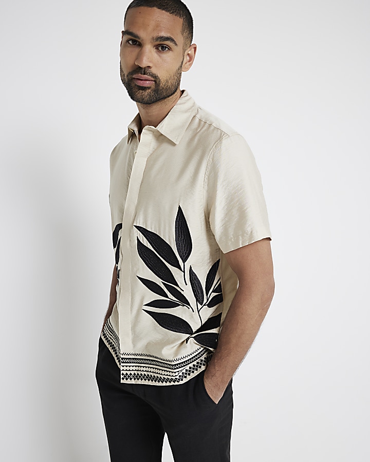 Stone regular fit leaf print shirt