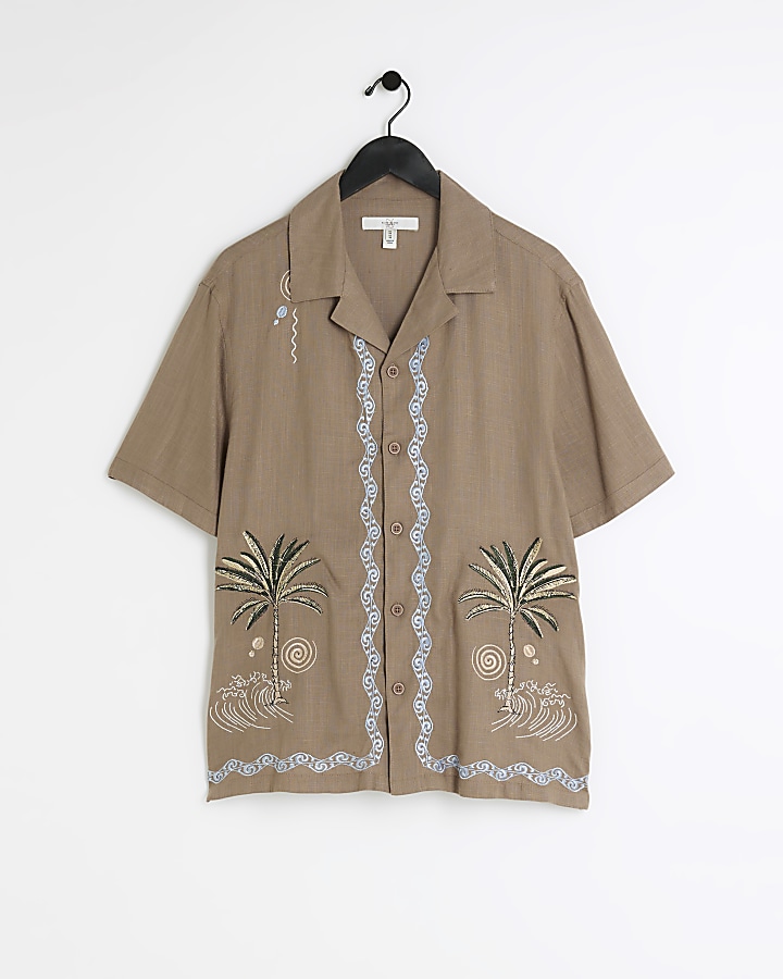 Brown regular linen blend embroidered shirt