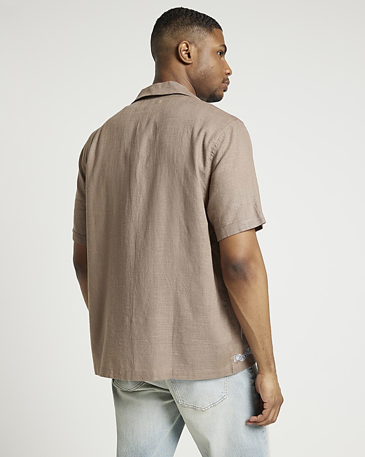 Brown regular linen blend embroidered shirt