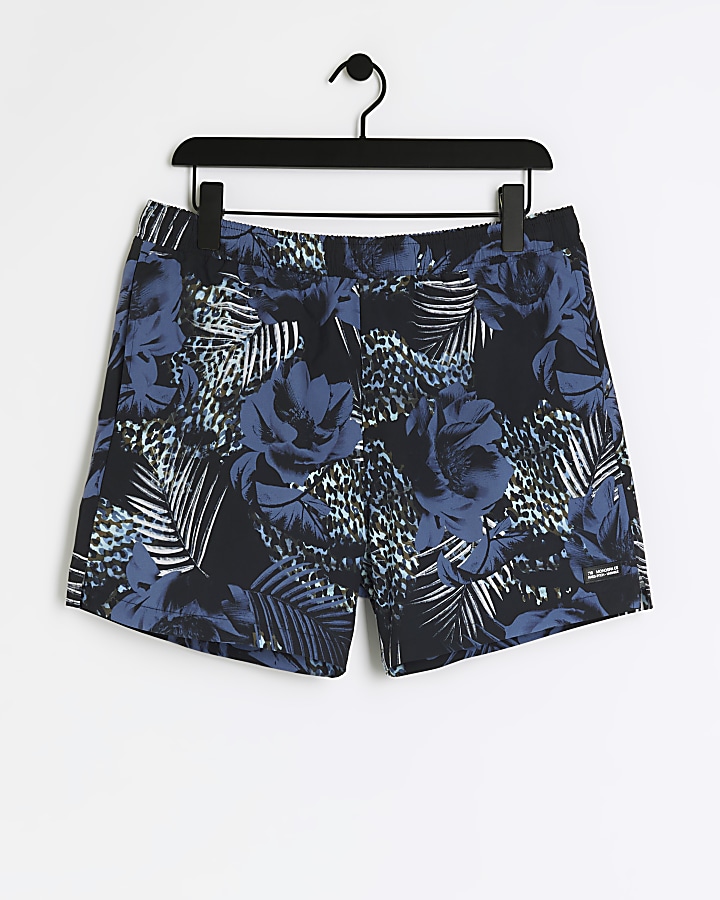 Blue regular fit botanical print shorts