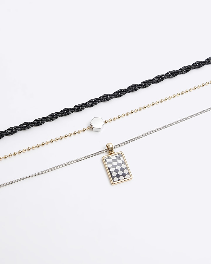 Silver colour checkerboard multirow necklace