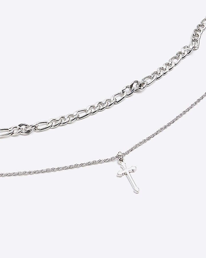 Silver colour multirow cross necklace