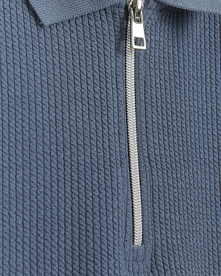 Blue Regular Fit Textured Zip Neck Polo
