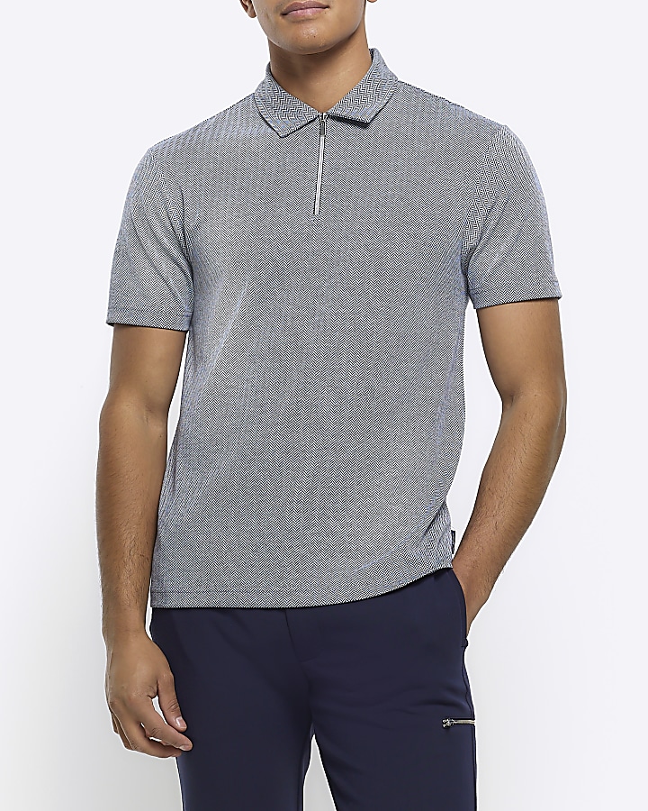 Grey regular fit Herringbone half zip polo