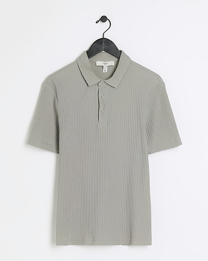 Grey muscle fit rib short sleeve polo | River Island