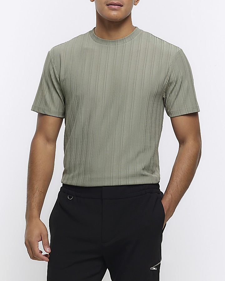 Khaki Regular Fit Plisse Textured T-shirt