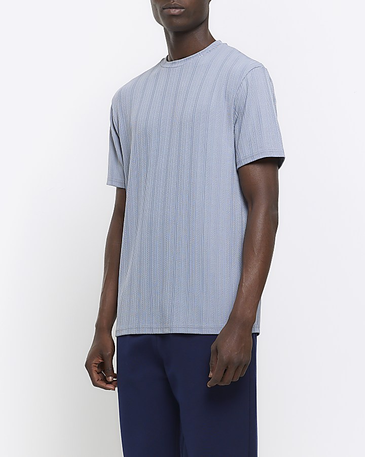 Blue regular fit plisse textured t-shirt