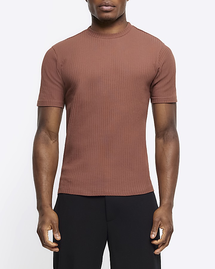 Rust muscle fit textured rib t-shirt