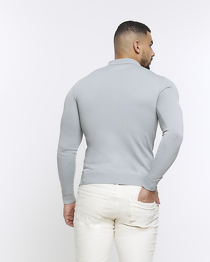 Grey muscle texture knit long sleeve polo