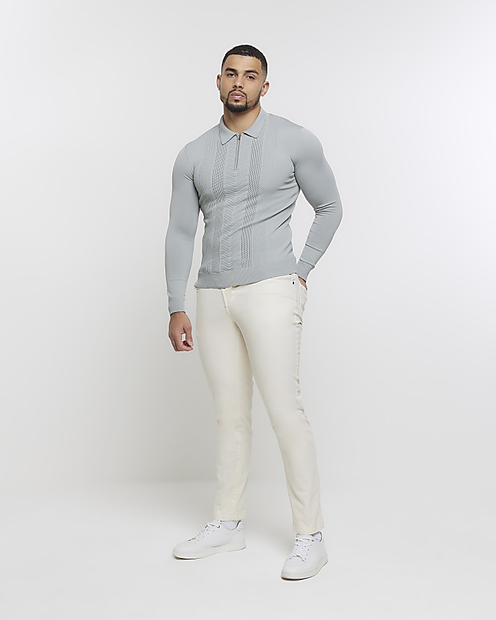 Grey muscle texture knit long sleeve polo