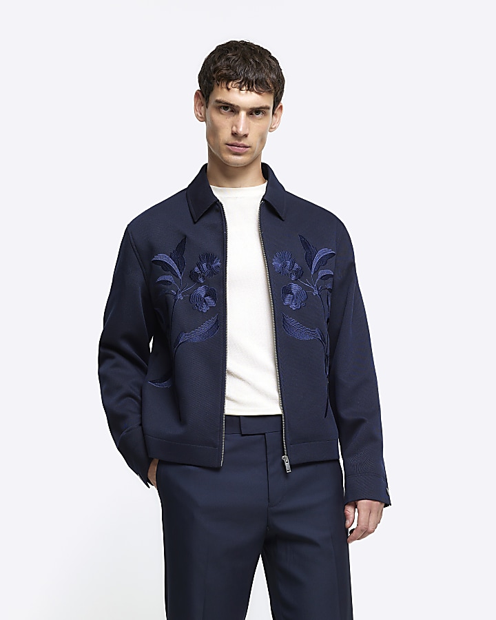 Navy regular fit embroidered floral jacket