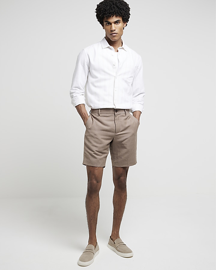 Stone slim fit linen blend shorts