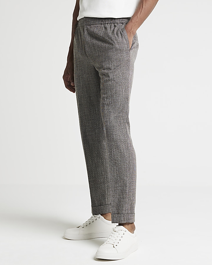 Brown slim fit textured smart trousers