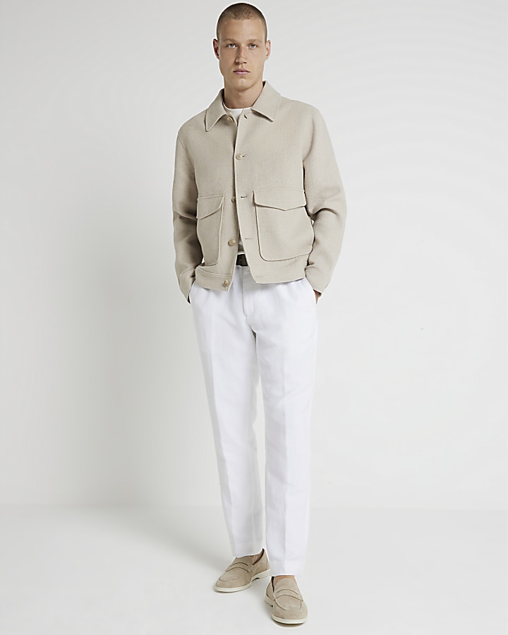 White slim fit linen blend smart trousers