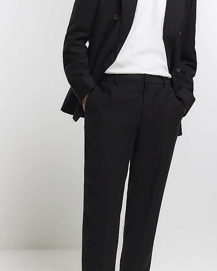 Black Slim Fit Linen Blend Suit Trousers