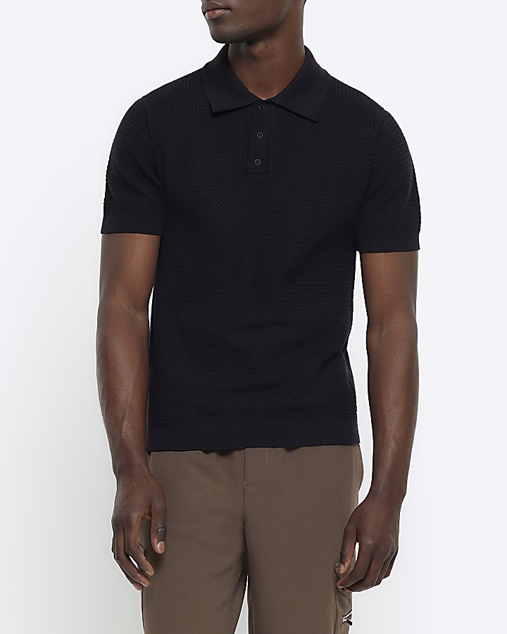 Black slim fit textured knitted polo shirt