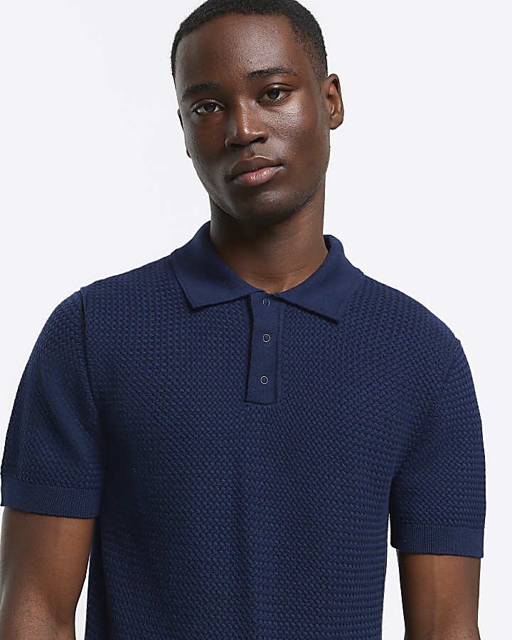 Navy slim fit textured knit polo | River Island
