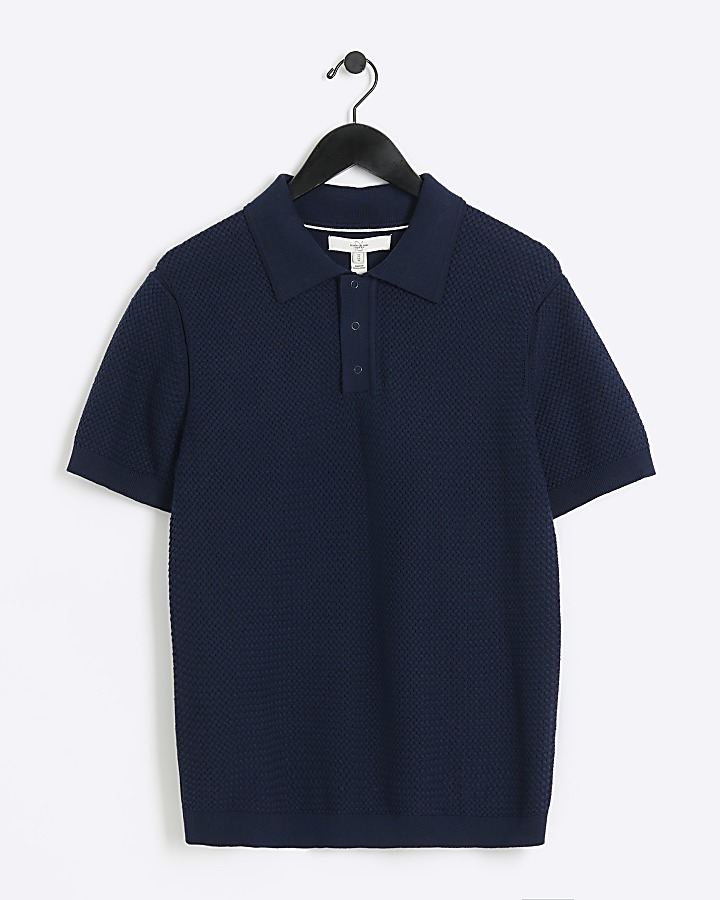 Navy slim fit textured knit polo