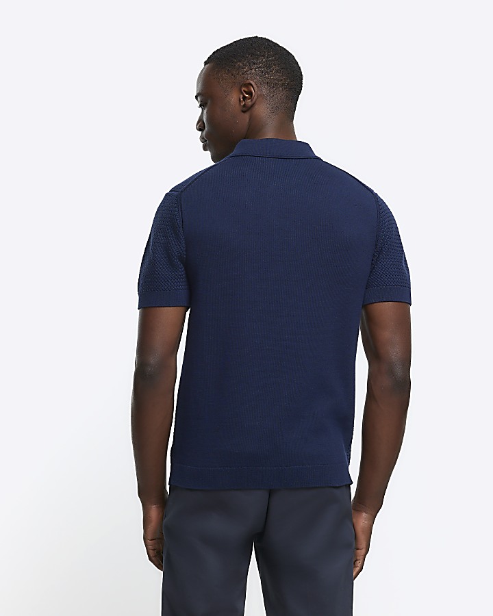 Navy slim fit textured knit polo