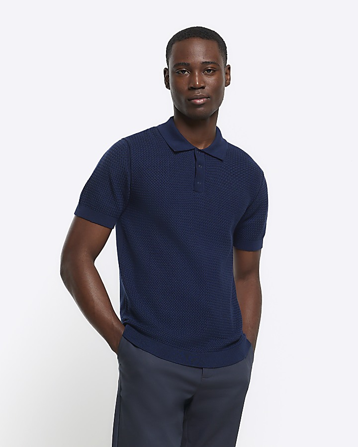 Navy slim fit textured knit polo