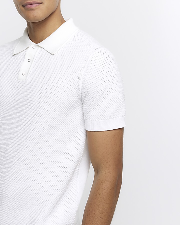 White slim fit textured knit polo