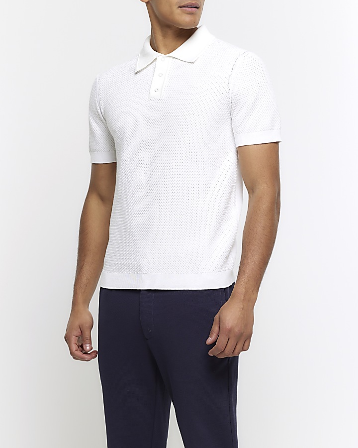 White slim fit textured knit polo