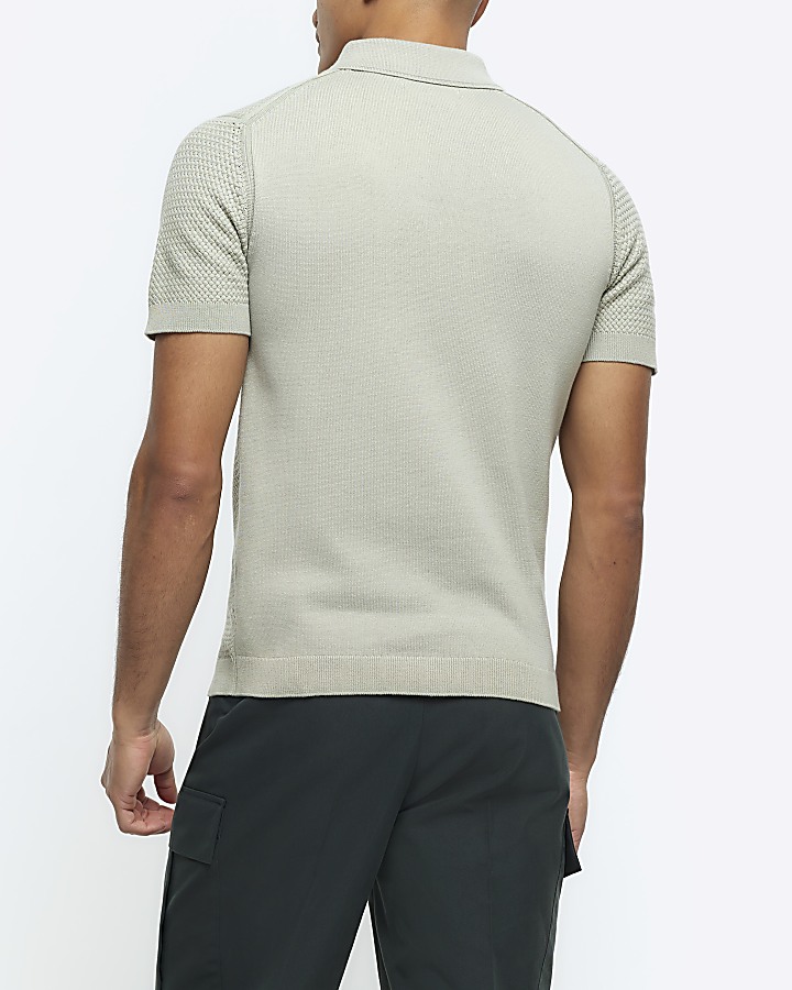Green slim fit textured knit polo