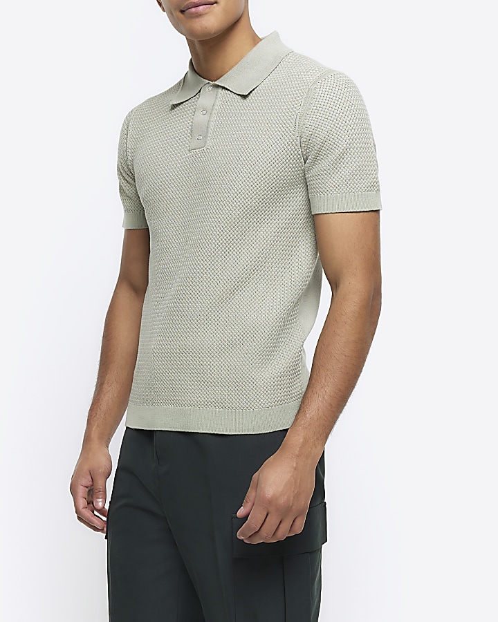 Green slim fit textured knit polo