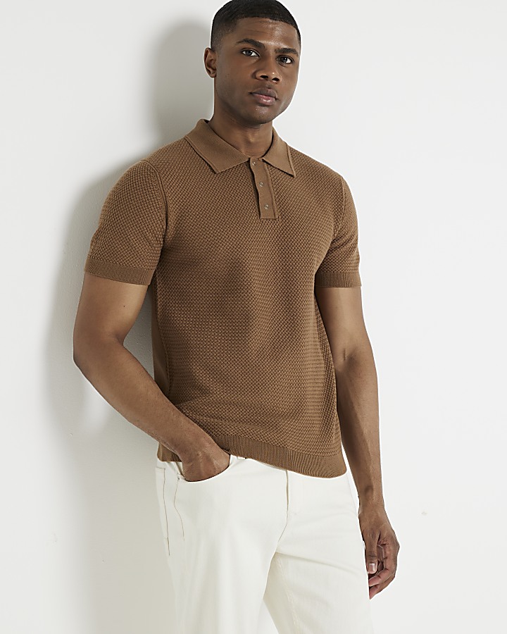 Brown slim fit textured knit polo