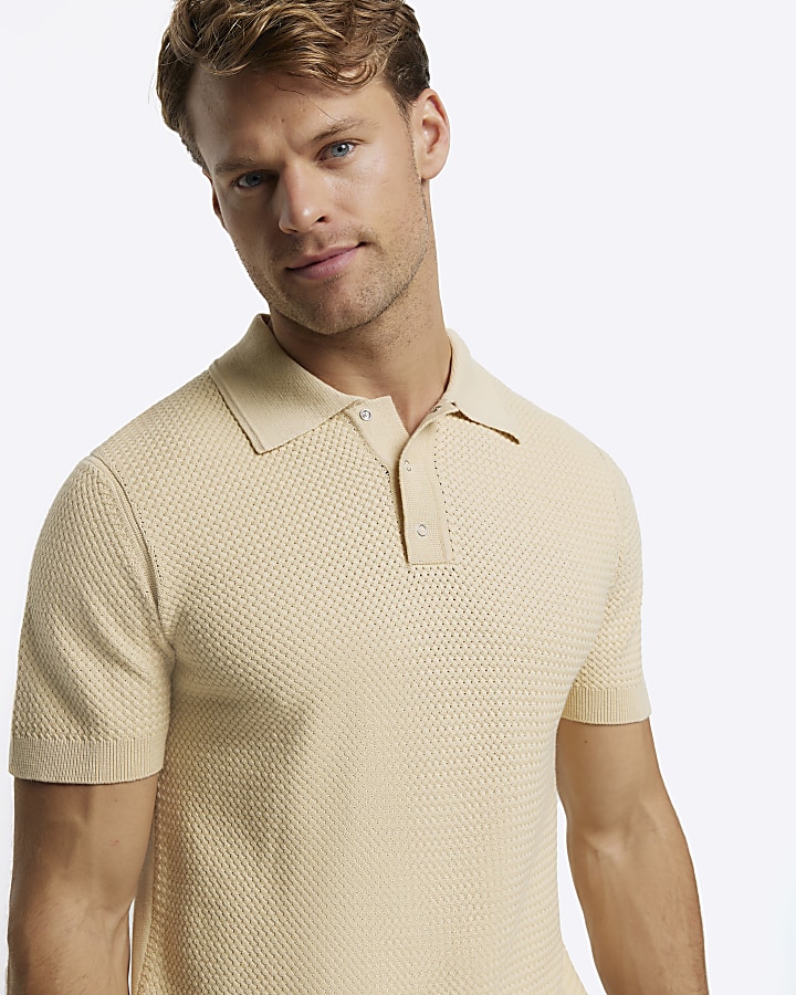 Yellow slim fit textured knit polo