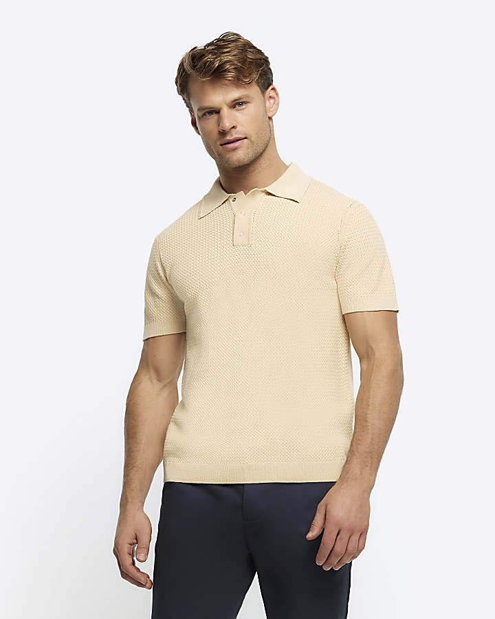 Yellow slim fit textured knit polo