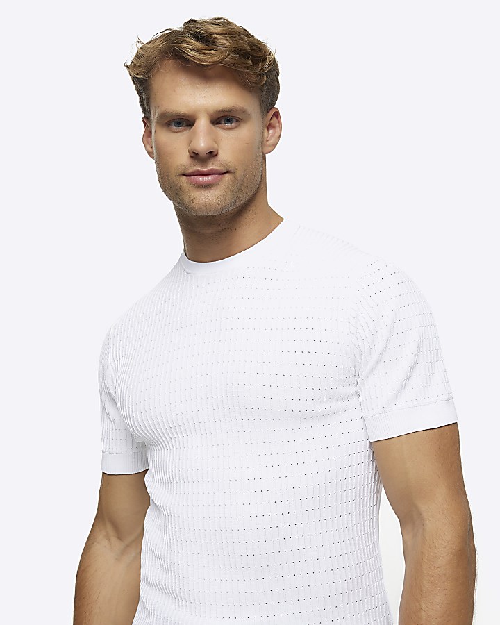 White muscle fit brick knit t-shirt