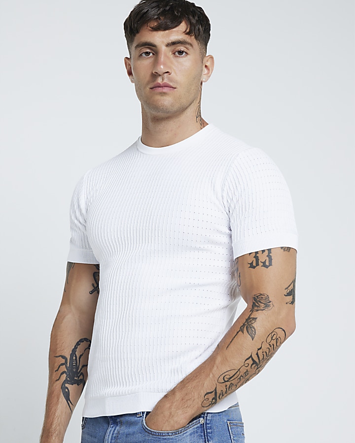 White muscle fit brick knit t-shirt