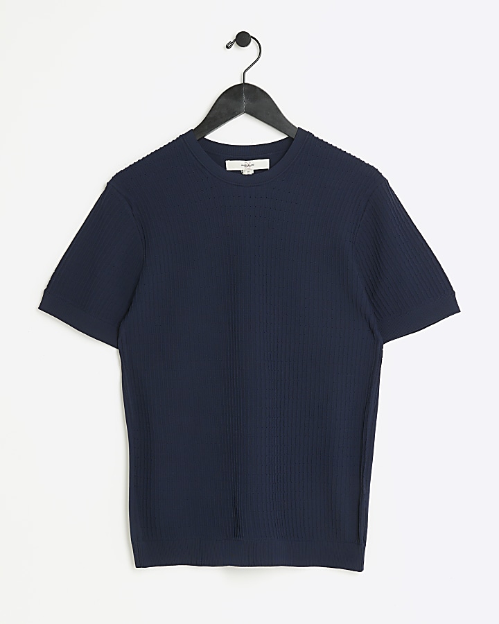 Navy muscle fit brick knit t-shirt