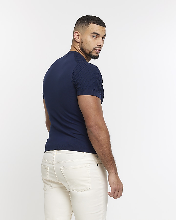 Navy muscle fit brick knit t-shirt | River Island